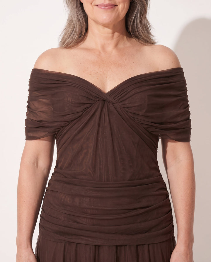 Marta | Bebe Off Shoulder Ruched Autumn Evening Dress
