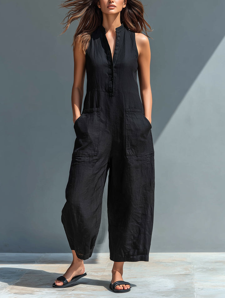 Hazel | Sleeveless Jumpsuit Linen Blend Stand Collar