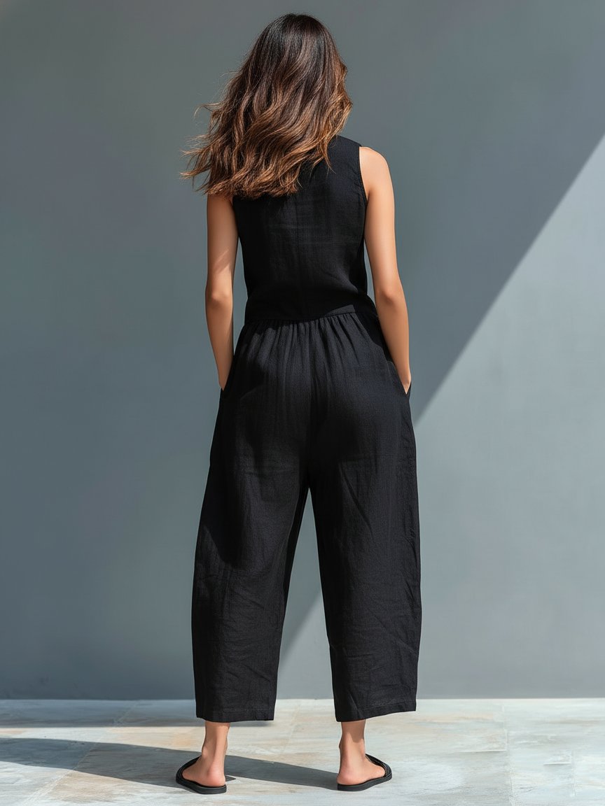 Hazel | Sleeveless Jumpsuit Linen Blend Stand Collar