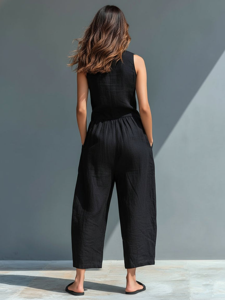 Hazel | Sleeveless Jumpsuit Linen Blend Stand Collar