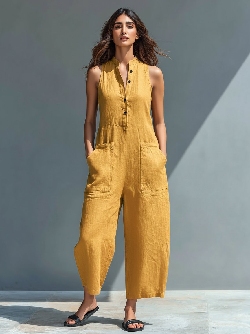 Hazel | Sleeveless Jumpsuit Linen Blend Stand Collar