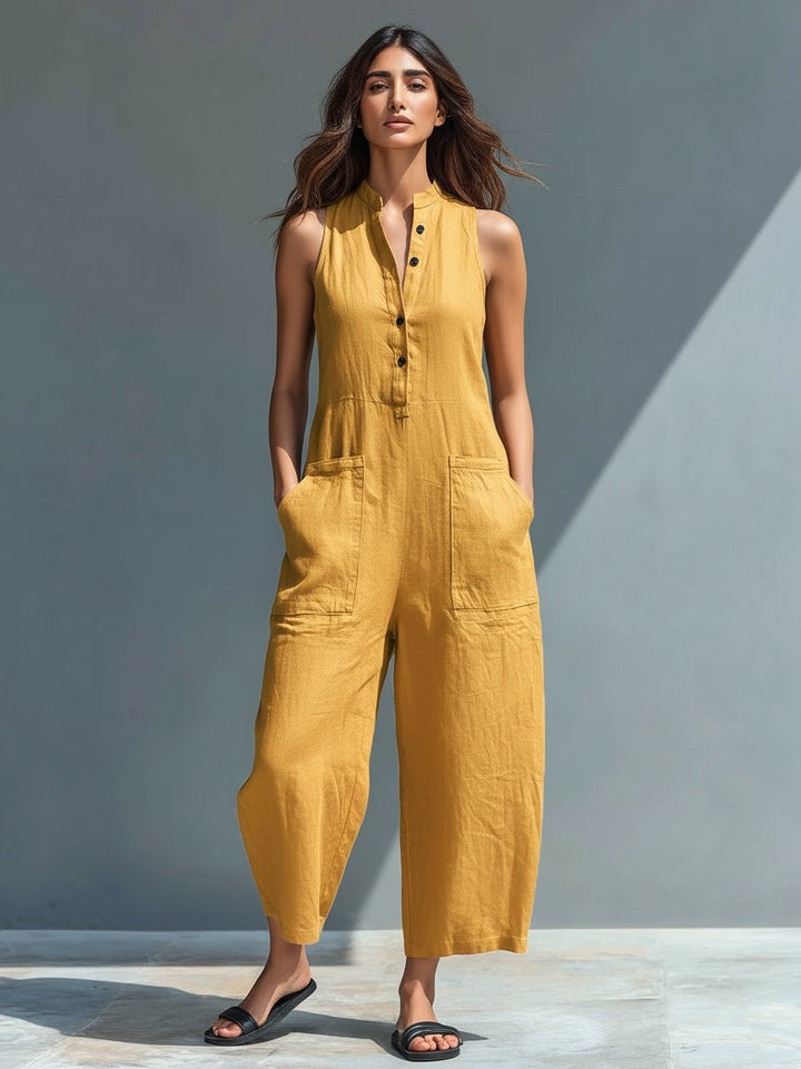 Hazel | Sleeveless Jumpsuit Linen Blend Stand Collar