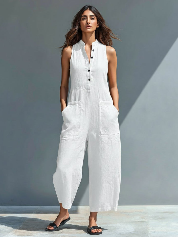 Hazel | Sleeveless Jumpsuit Linen Blend Stand Collar