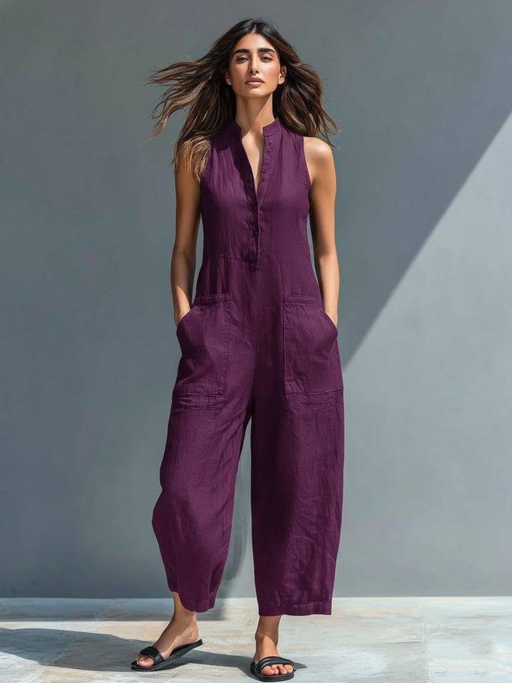 Hazel | Sleeveless Jumpsuit Linen Blend Stand Collar