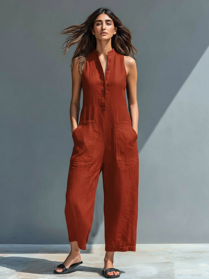 Hazel | Sleeveless Jumpsuit Linen Blend Stand Collar