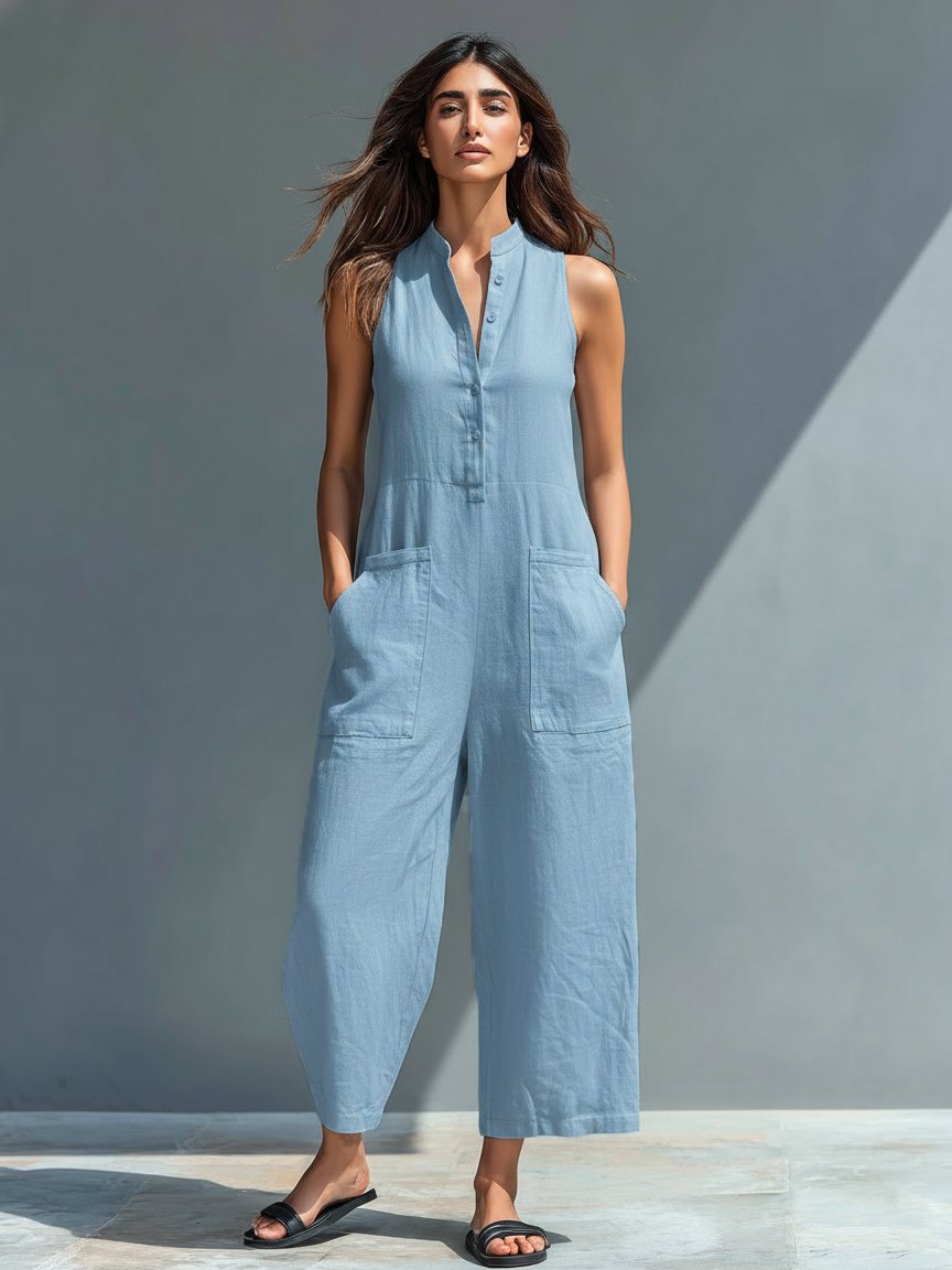 Hazel | Sleeveless Jumpsuit Linen Blend Stand Collar