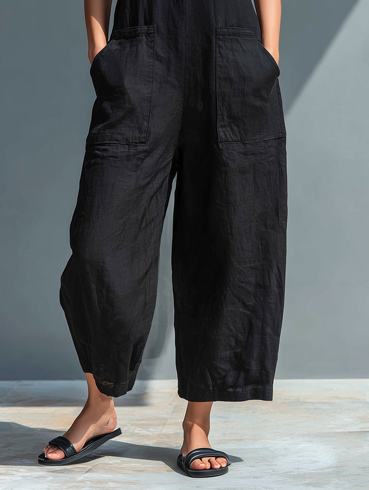 Hazel | Sleeveless Jumpsuit Linen Blend Stand Collar