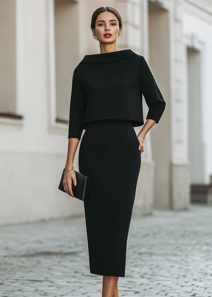 Madeline | Elegant Two-Piece Set With Boat Neck Top and Midi Skirt