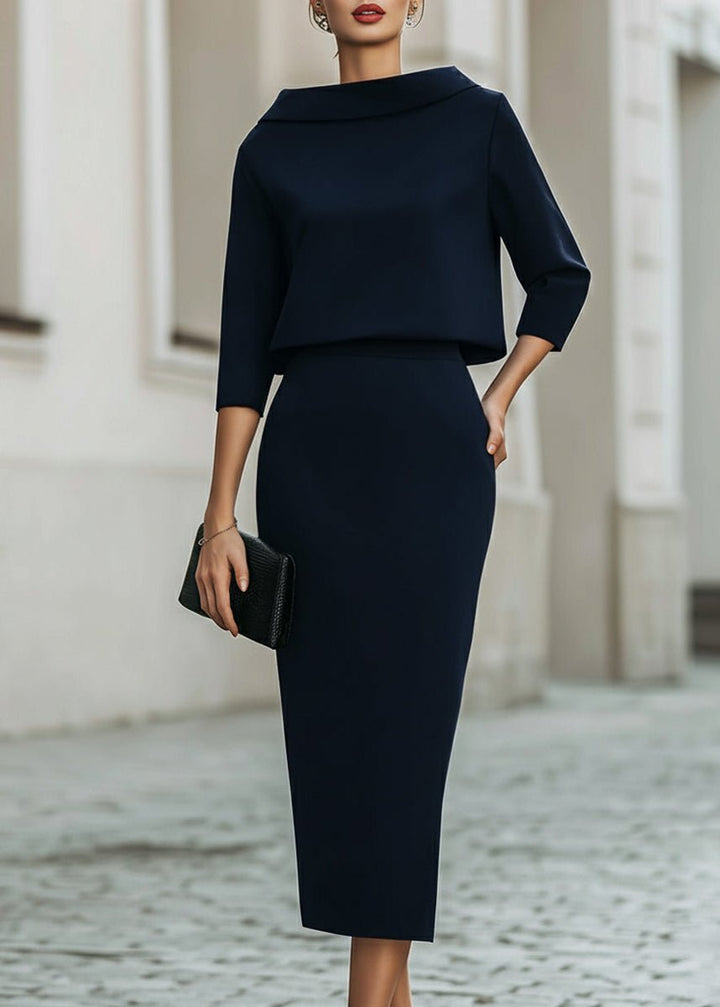 Madeline | Elegant Two-Piece Set With Boat Neck Top and Midi Skirt