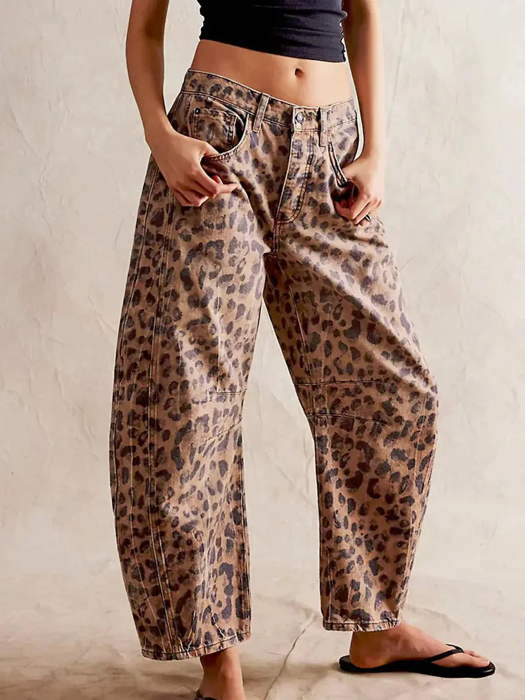 Meril | Women's Wide Leg High Waist Leopard Print Denim Pants