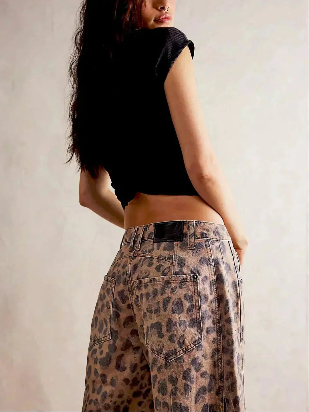 Meril | Women's Wide Leg High Waist Leopard Print Denim Pants