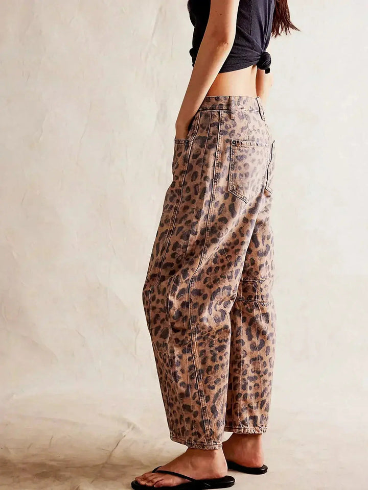 Meril | Women's Wide Leg High Waist Leopard Print Denim Pants