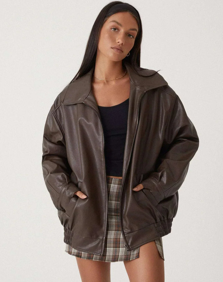 Romy | Women's Leather Jacket with Bomber Zip Front - Elasticated Waist