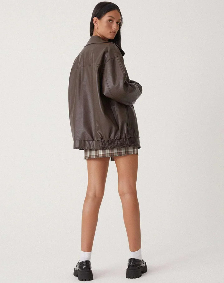 Romy | Women's Leather Jacket with Bomber Zip Front - Elasticated Waist
