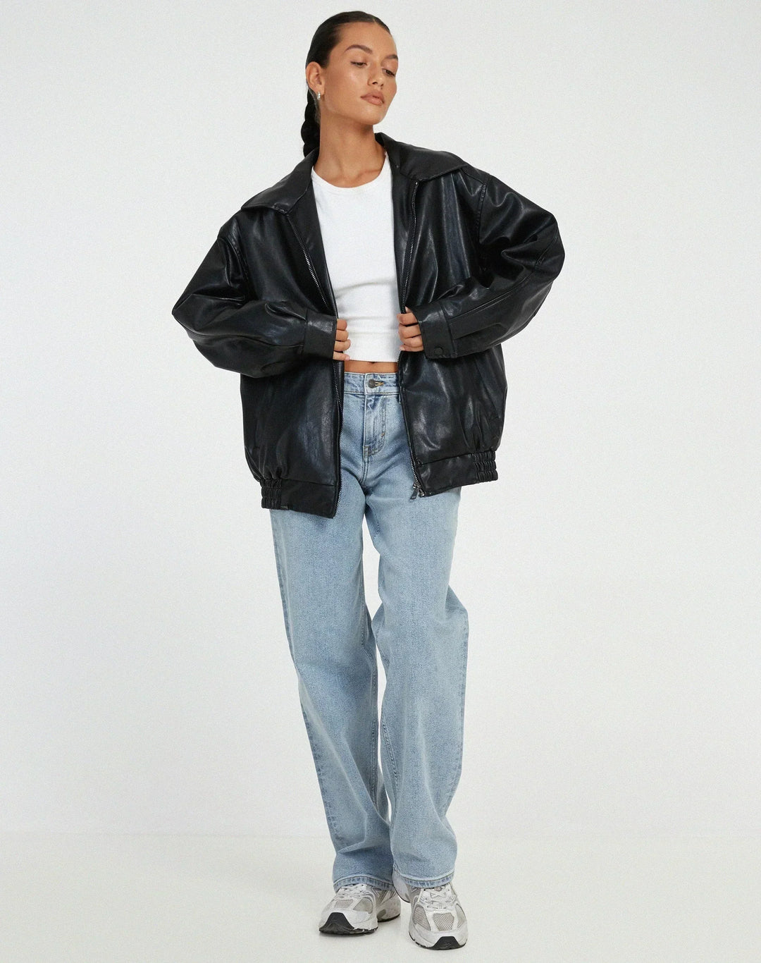 Romy | Women's Leather Jacket with Bomber Zip Front - Elasticated Waist
