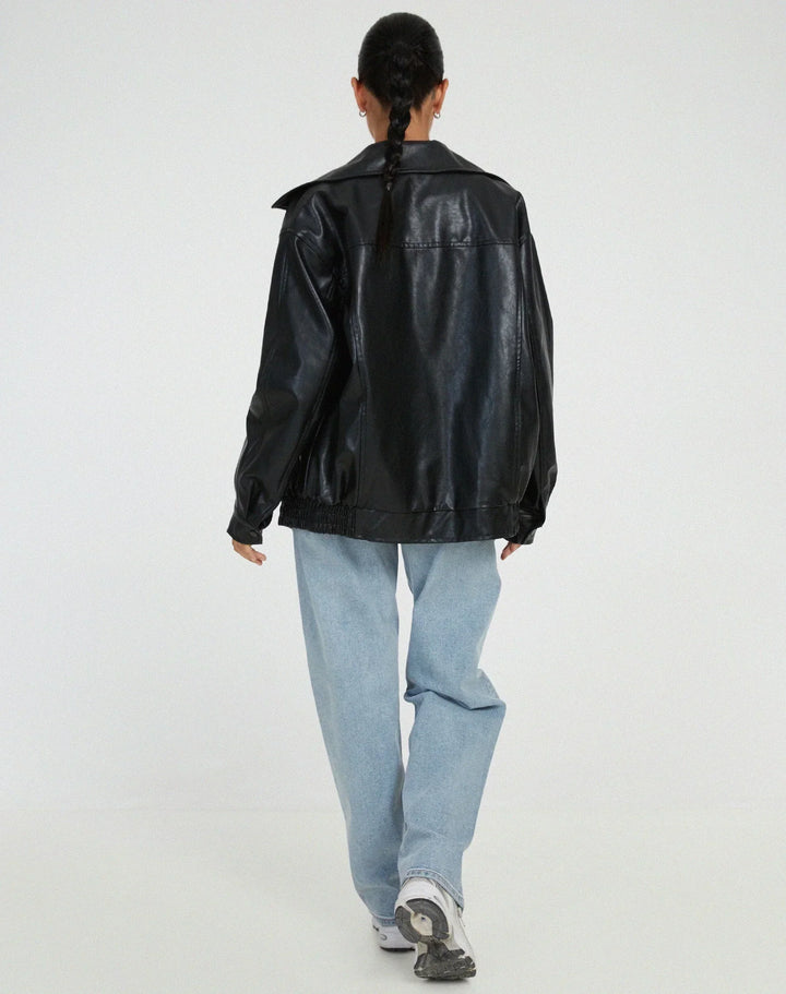 Romy | Women's Leather Jacket with Bomber Zip Front - Elasticated Waist