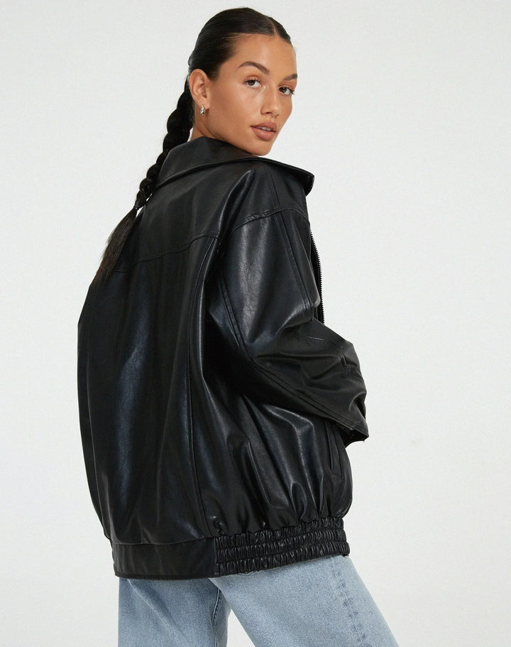 Romy | Women's Leather Jacket with Bomber Zip Front - Elasticated Waist