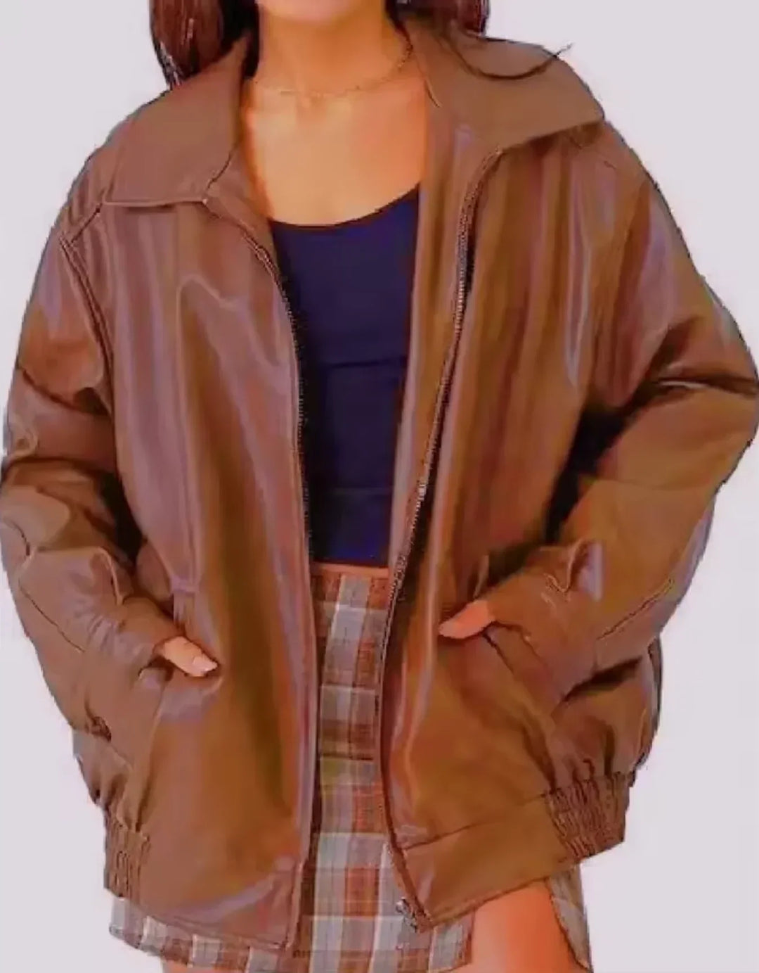 Romy | Women's Leather Jacket with Bomber Zip Front - Elasticated Waist