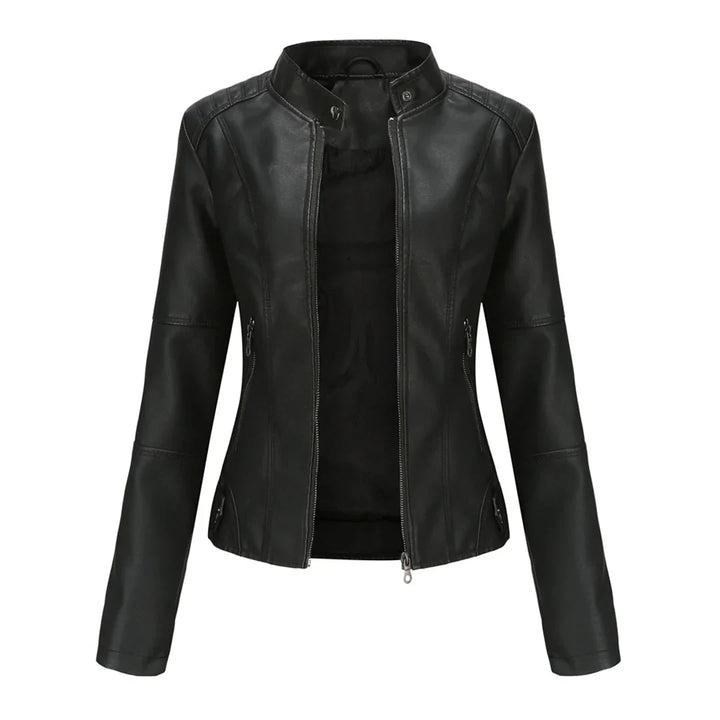 Maisy | Classic Black Leather Jacket with Zip Closure