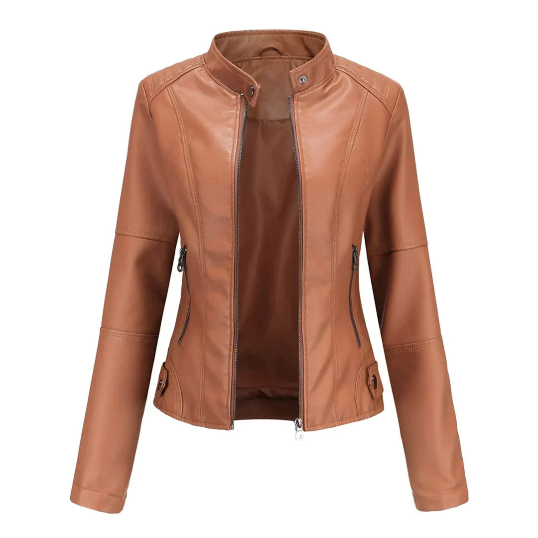 Maisy | Classic Black Leather Jacket with Zip Closure