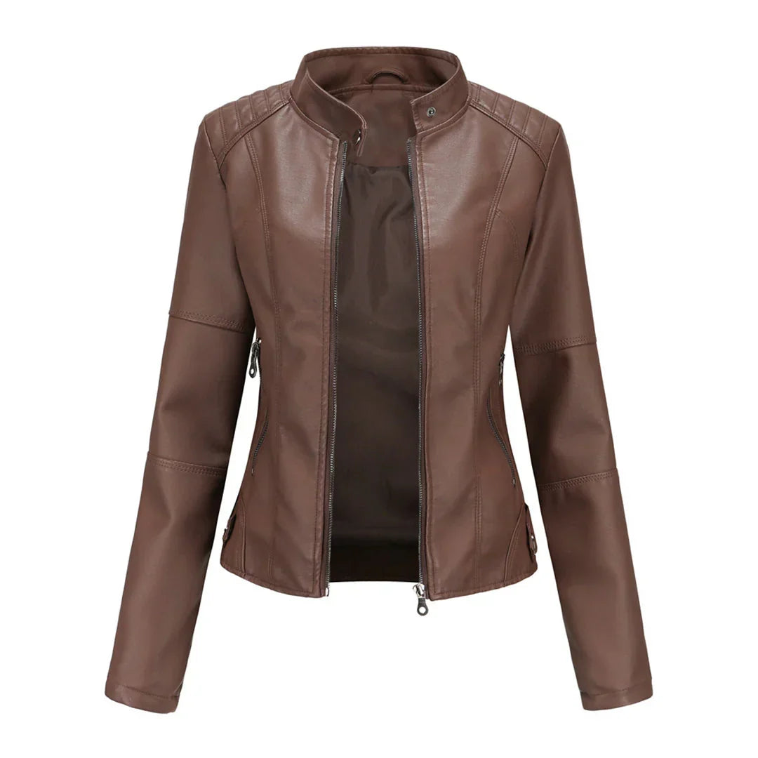 Maisy | Classic Black Leather Jacket with Zip Closure