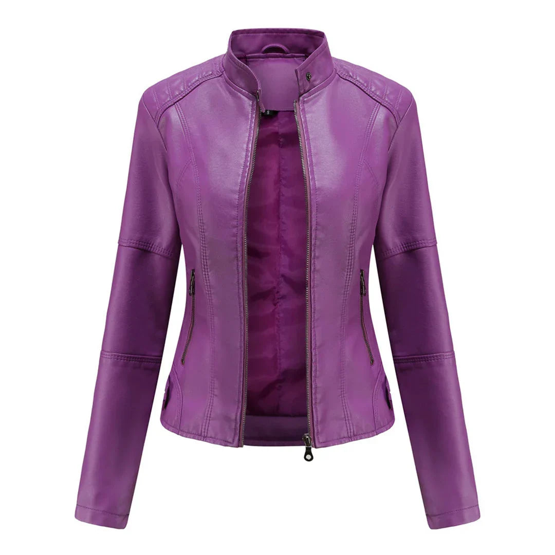 Maisy | Classic Black Leather Jacket with Zip Closure