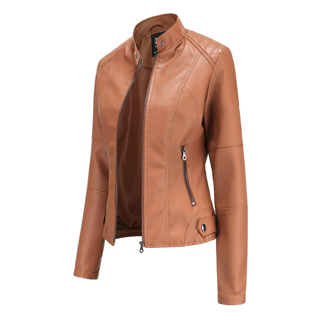 Maisy | Classic Black Leather Jacket with Zip Closure