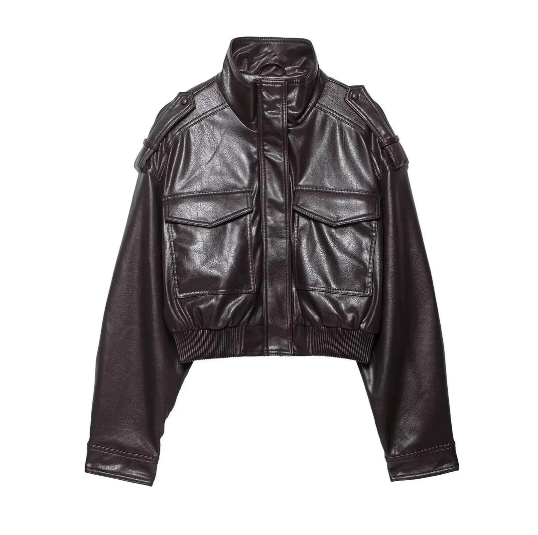 Marnie | Women's Cropped Leather Jacket Zip Front Pockets