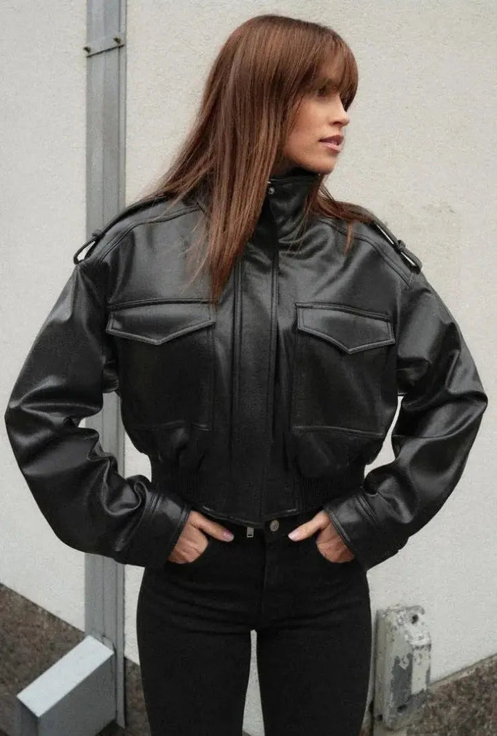 Marnie | Women's Cropped Leather Jacket Zip Front Pockets