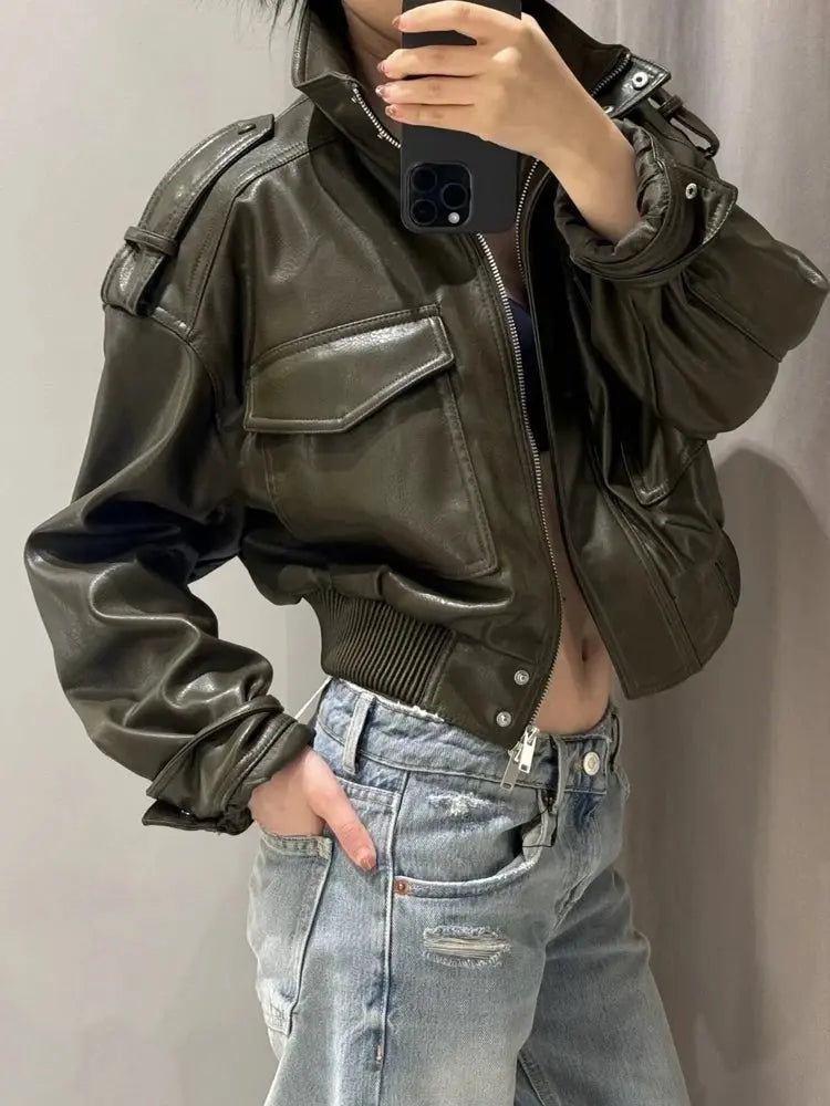 Marnie | Women's Cropped Leather Jacket Zip Front Pockets