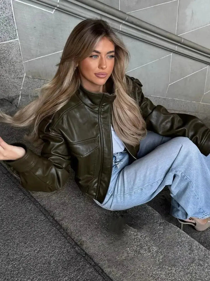 Marnie | Women's Cropped Leather Jacket Zip Front Pockets