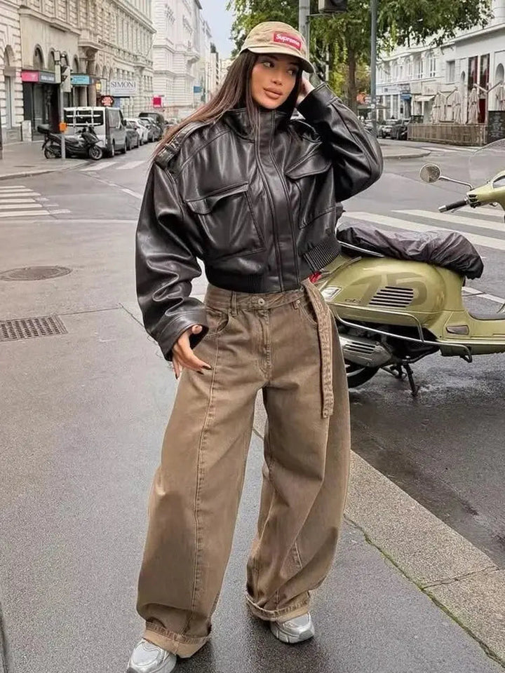 Marnie | Women's Cropped Leather Jacket Zip Front Pockets
