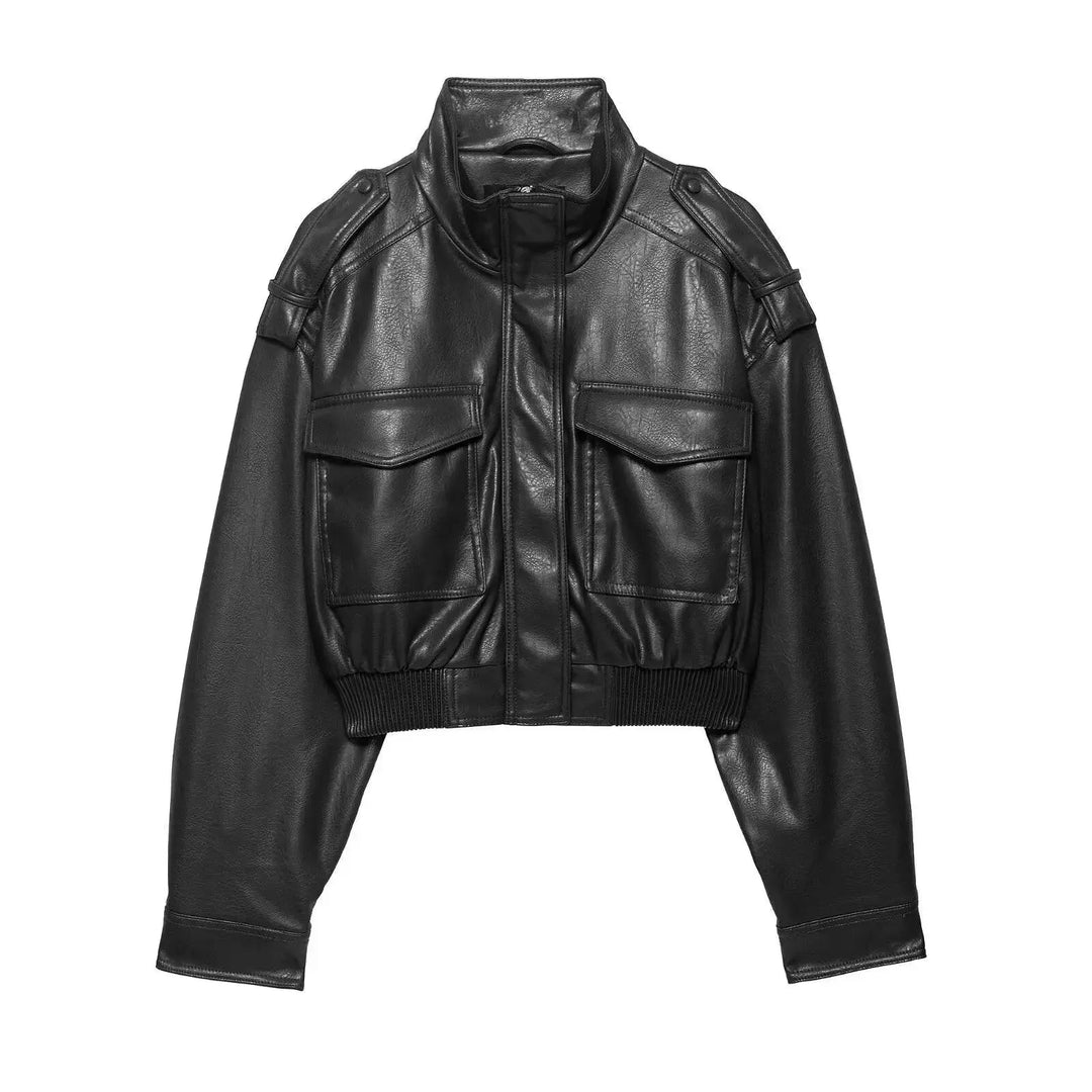 Marnie | Women's Cropped Leather Jacket Zip Front Pockets