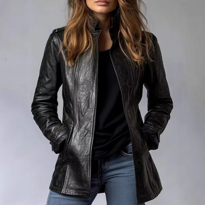 Melissa | Women's Black Stand-Collar Longline Leather Jacket