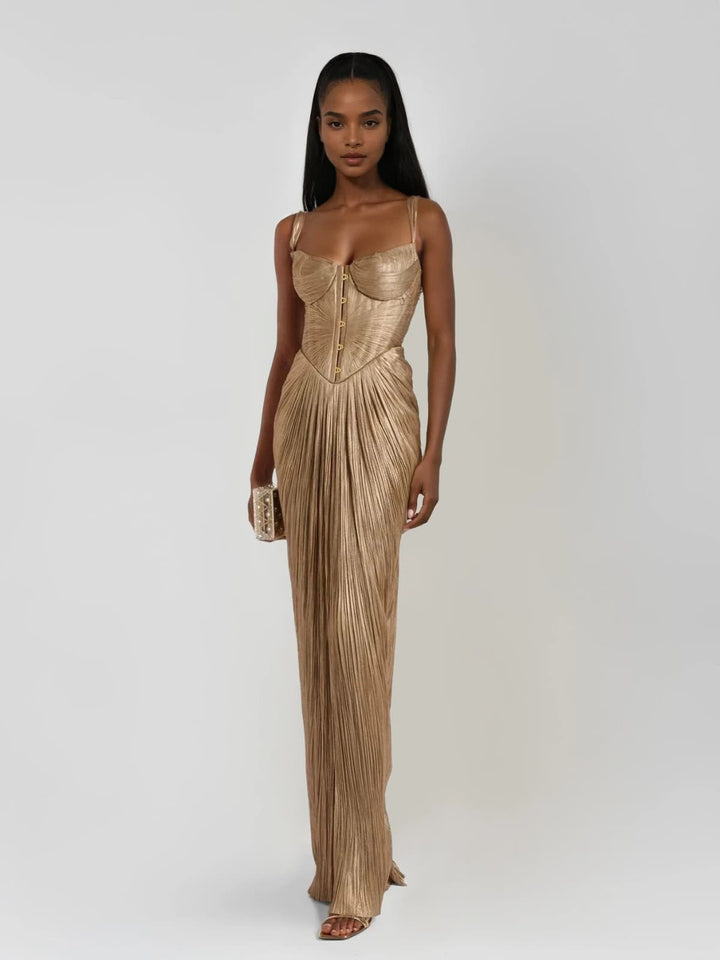 Mabel | Women's Gold Sweetheart-Neck Wedding Guest Maxi Dress