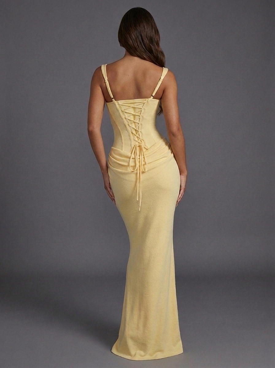 Virginia | Autumn Corset Bodice Draped Satin Maxi Wedding Guest Dress